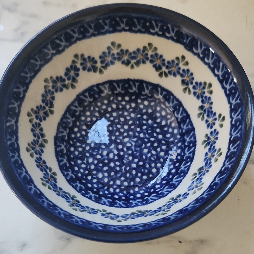 Polish Pottery Blue and White Patterned Ceramic Bowl